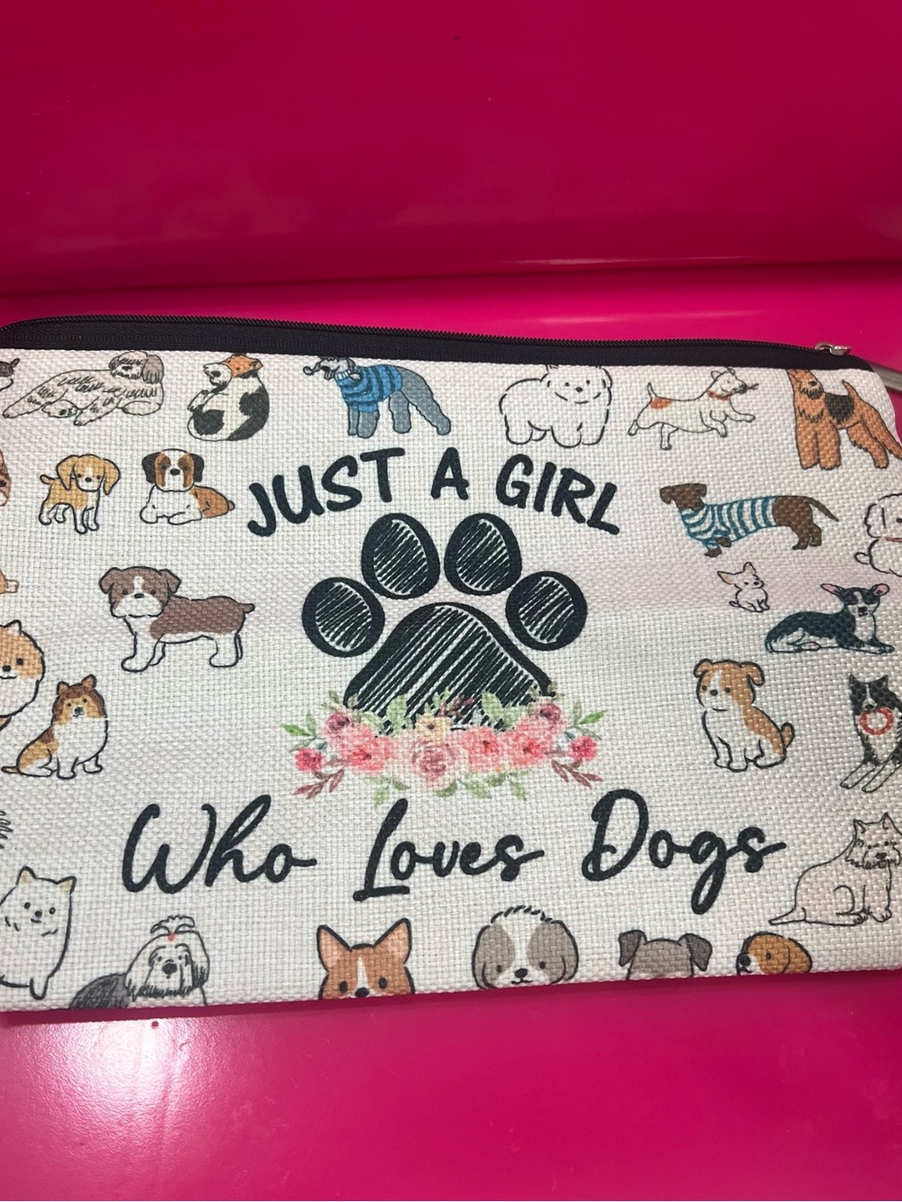 Just A Girl Who Loves Dogs Zipper Pouch - White with Floral Paw Cosmetic Bag
